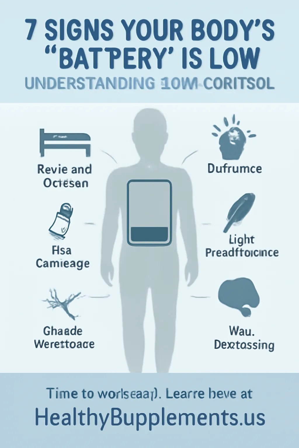 Professional featured image illustrating "low cortisol symptoms" titled "7 Signs Your Body's Battery Is Low: Understanding Low Cortisol," showing a faded human silhouette with an empty battery icon over the chest and seven connecting lines to symptom icons including profound fatigue, dizziness, salt cravings, muscle weakness, low motivation, stress intolerance, and skin darkening, designed with calming soft blues, light greys, and white to represent adrenal insufficiency symptoms.