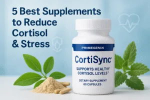Professional featured image showing a CortiSync supplement bottle surrounded by Ashwagandha and other natural herbs on a clean blue-white clinical background, symbolizing effective cortisol reduction and stress relief. Supplements to Reduce Cortisol Supplements to Reduce Cortisol