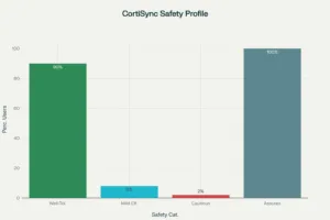 An infographic detailing the CortiSync side effects and safety profile, covering its natural ingredients, manufacturing quality, and who should be cautious.