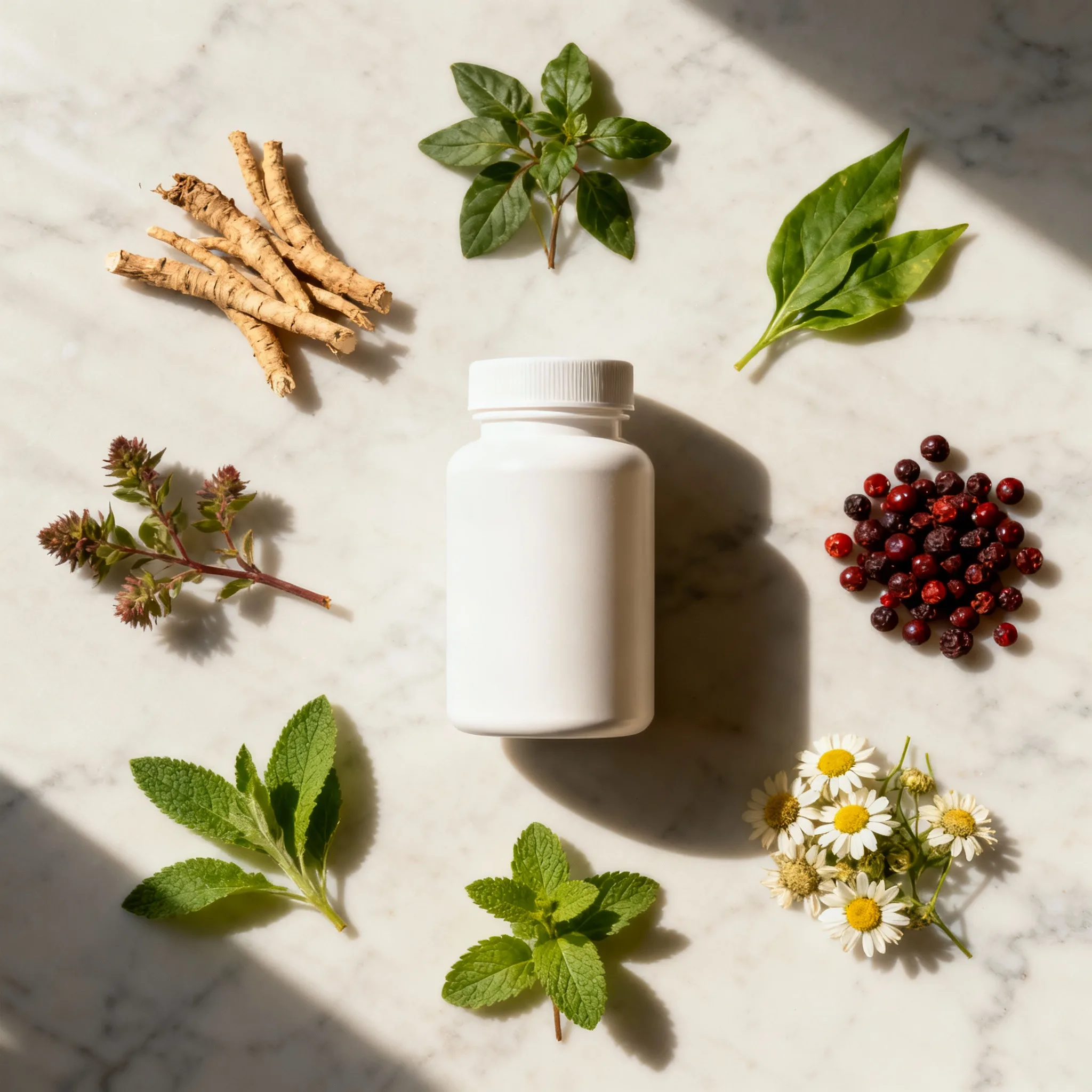CortiSync bottle with original label, arranged with seven adaptogenic herbs for stress relief