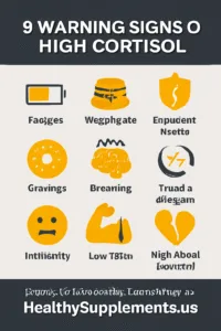 Professional featured image showing a modern infographic titled "9 Warning Signs of High Cortisol" laid out in a 3x3 grid format with amber warning colors, dark grey, and white design. The infographic displays nine key symptoms: constant fatigue, belly fat gain, frequent illness, food cravings, brain fog, poor sleep, mood swings, muscle weakness, and low libido, designed to help readers identify high cortisol symptoms.