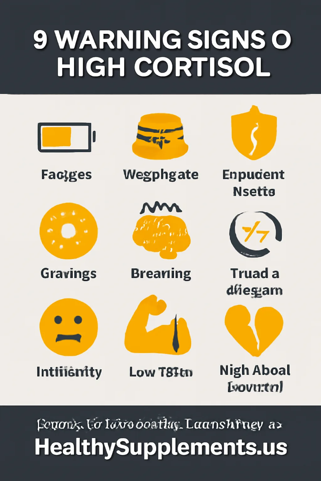 Professional featured image showing a modern infographic titled "9 Warning Signs of High Cortisol" laid out in a 3x3 grid format with amber warning colors, dark grey, and white design. The infographic displays nine key symptoms: constant fatigue, belly fat gain, frequent illness, food cravings, brain fog, poor sleep, mood swings, muscle weakness, and low libido, designed to help readers identify high cortisol symptoms.
