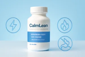 CalmLean stimulant-free fat burner bottle on a clean blue and white clinical background with metabolism and appetite control icons