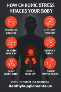 Professional featured image for the article "chronic stress affects cortisol" showing a modern infographic titled "How Chronic Stress Hijacks Your Body" with a central stressed human silhouette and seven surrounding icons illustrating dangerous effects: belly fat, weakened immunity, disrupted sleep, brain fog, accelerated skin aging, raised blood sugar, and lowered testosterone, designed in warning red, dark grey, and white palette.