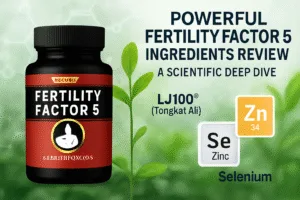 Fertility Factor 5 supplement bottle with black and red label, surrounded by scientific and natural ingredient graphics