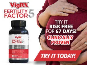 Professional featured image of a confident middle-aged man holding Fertility Factor 5 supplement bottle in a clean clinical blue-white background.