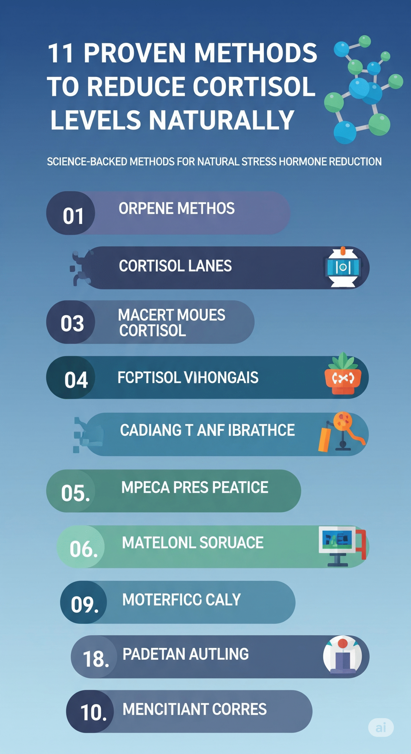 Complete infographic showing 11 proven methods to reduce cortisol levels naturally with statistics