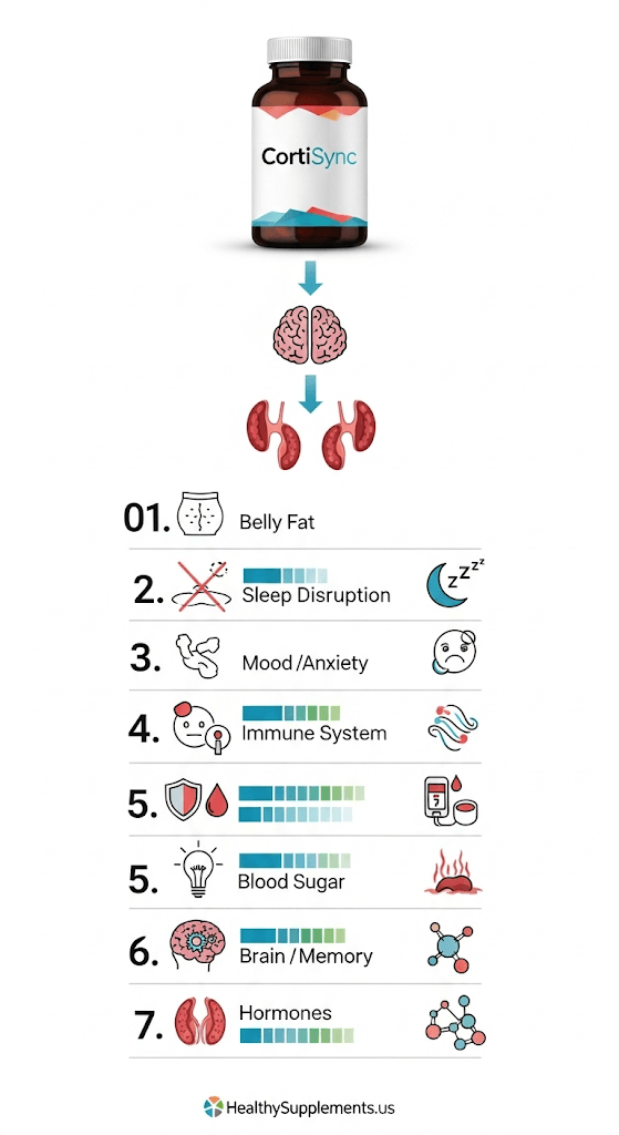 Infographic: 7 ways cortisol affects your health including weight gain, sleep problems, mood changes, immune suppression, blood sugar issues, memory problems, and hormonal disruptions