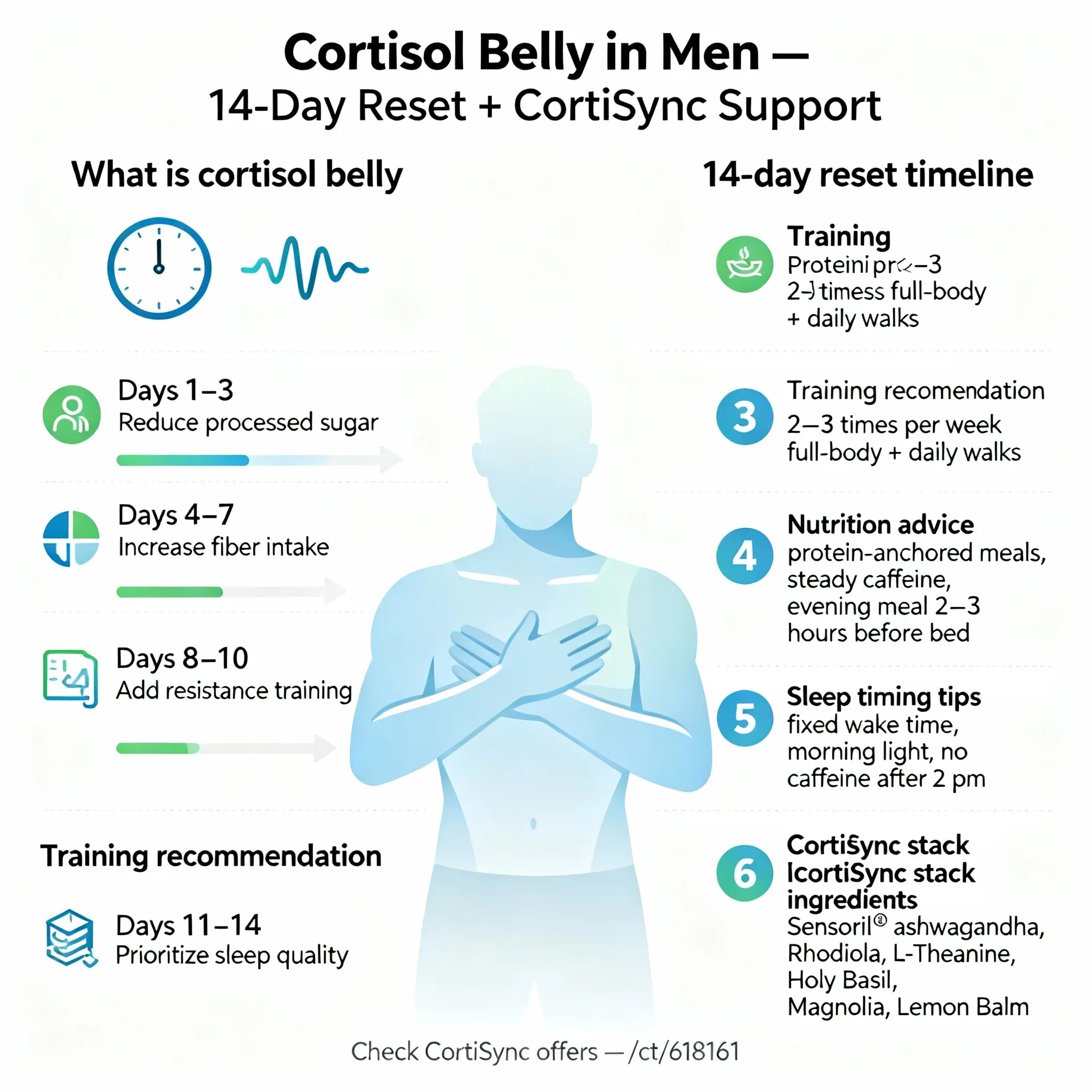 Infographic — cortisol belly in men plan: stress, sleep, nutrition, movement, adaptogens