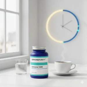 when to take nmn supplement — GenuinePurity Liposomal NMN bottle with coffee in soft morning light (editorial hero)