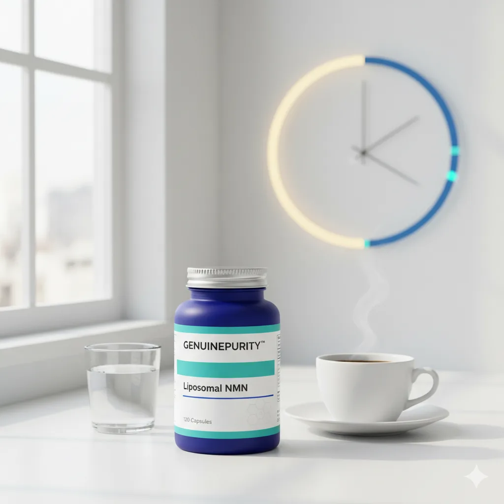 when to take nmn supplement — GenuinePurity Liposomal NMN bottle with coffee in soft morning light (editorial hero)