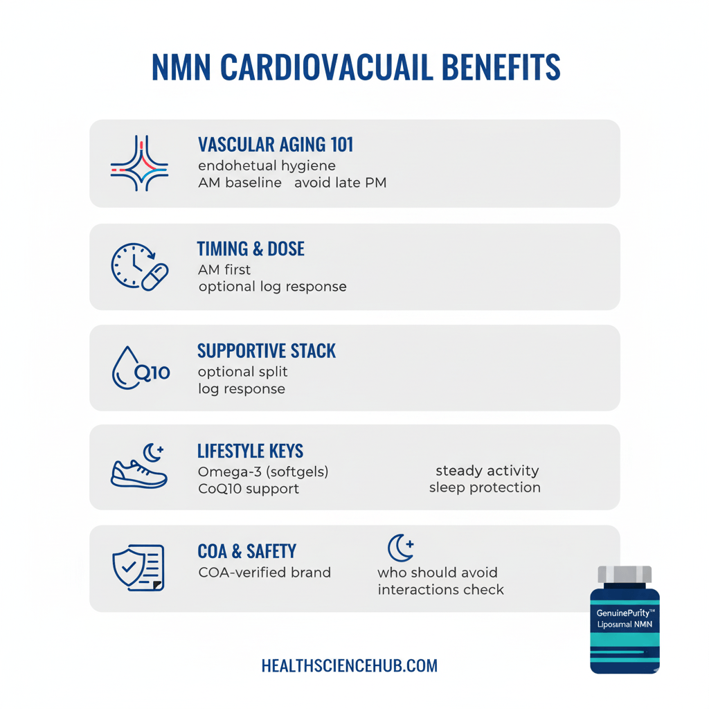 Infographic detailing NMN cardiovascular benefits