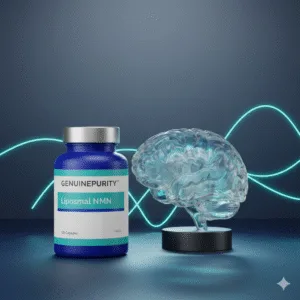 nmn cognitive benefits — studio still-life with translucent glass brain and GenuinePurity Liposomal NMN (cool blue theme)