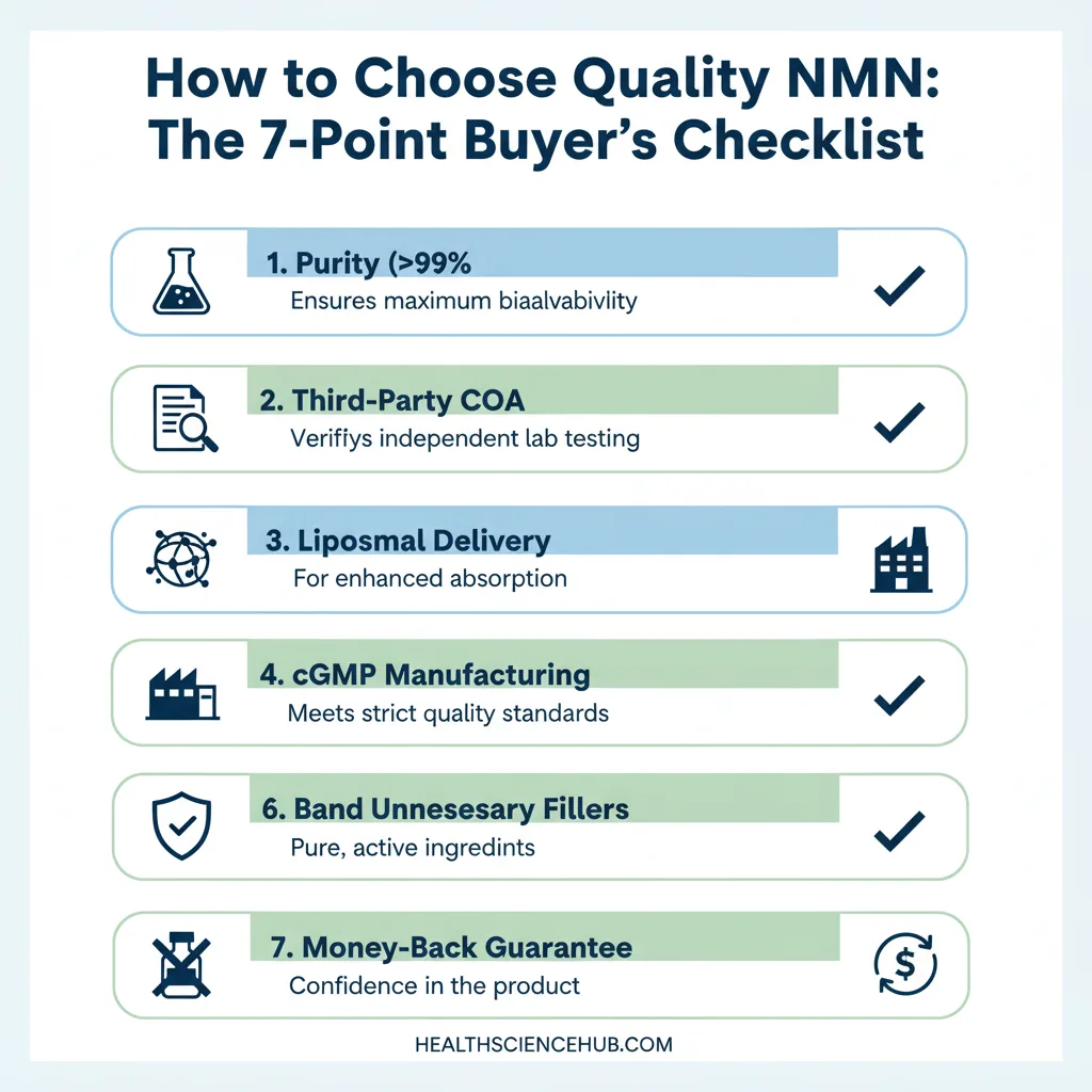 Infographic checklist on how to choose quality NMN, detailing 7 critical points including purity, COA, and liposomal delivery.