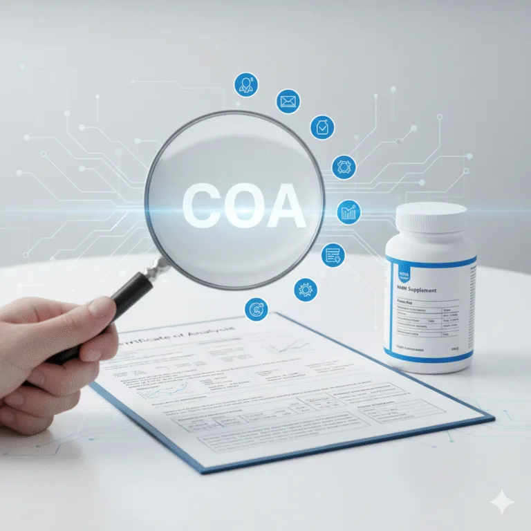 A guide on how to choose quality NMN, showing a magnifying glass inspecting a supplement bottle and a COA, symbolizing the importance of purity and third-party verification