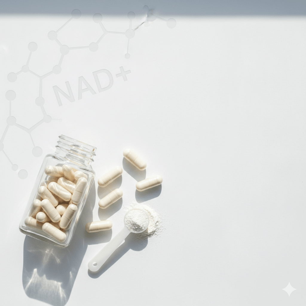Flat-lay of the best NMN supplements beside NAD+ lab markers