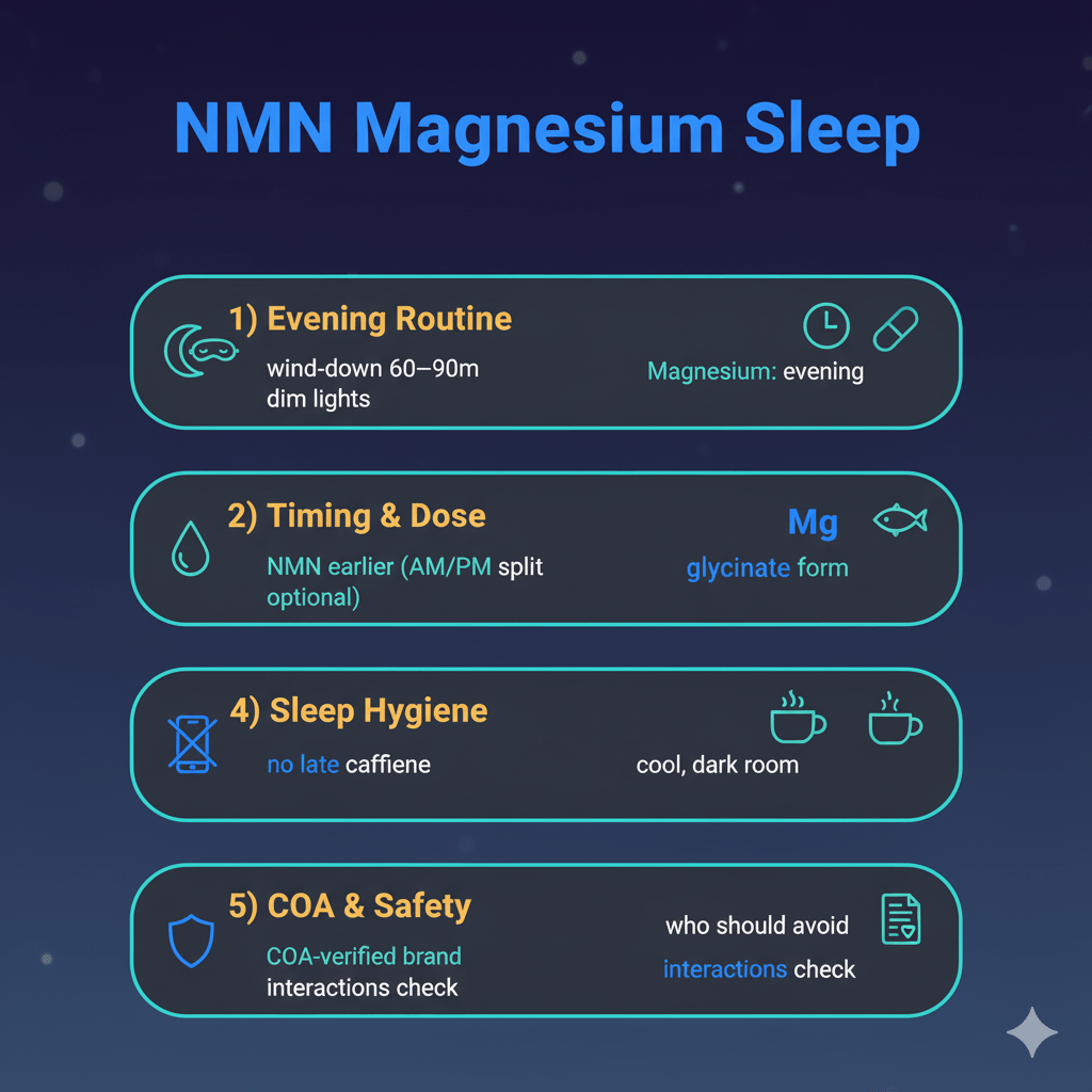 nmn magnesium sleep infographic — evening routine, dosing, and safety