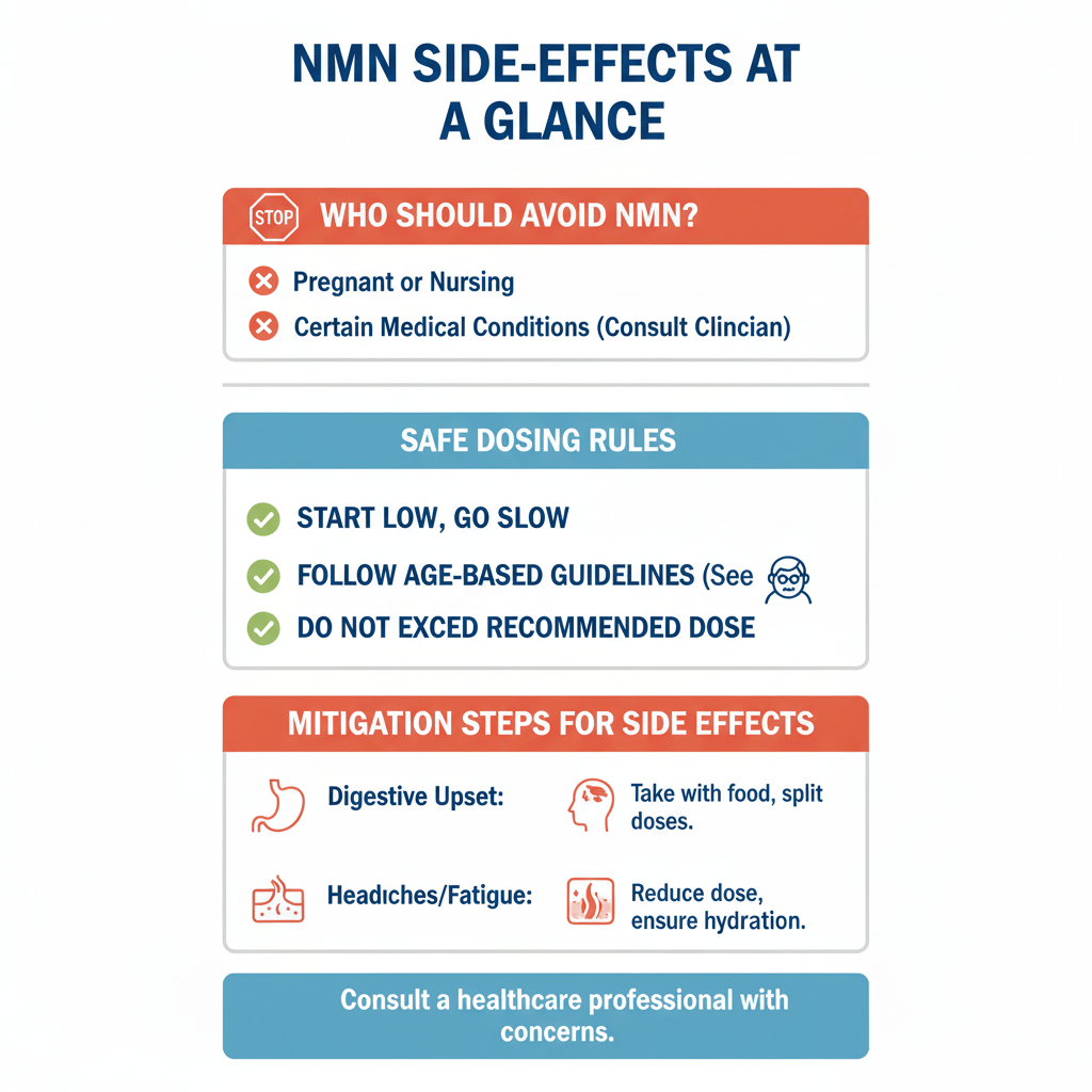 Infographic explaining nmn supplement side effects checkpoints