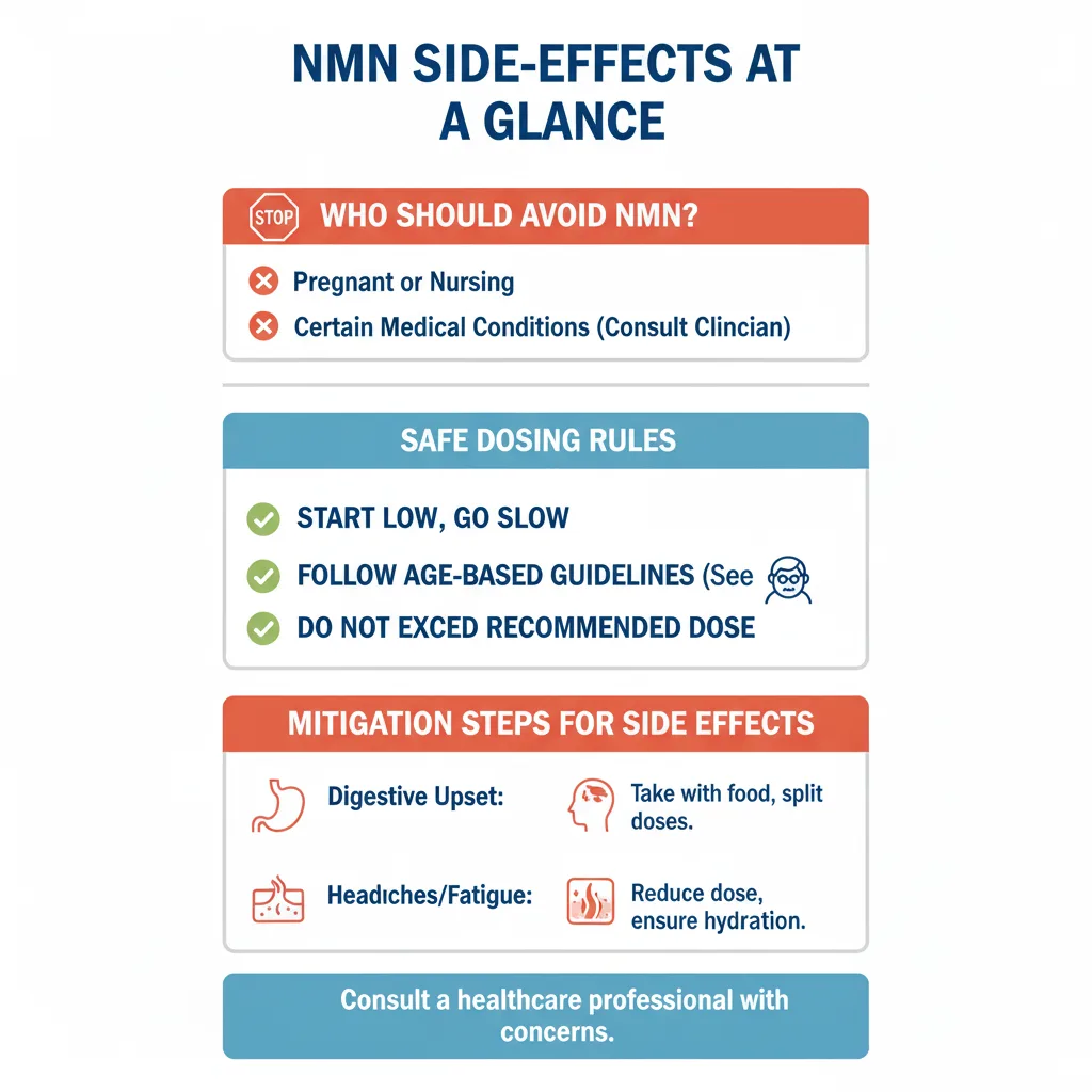 Infographic explaining nmn supplement side effects checkpoints Infographic explaining nmn supplement side effects checkpoints