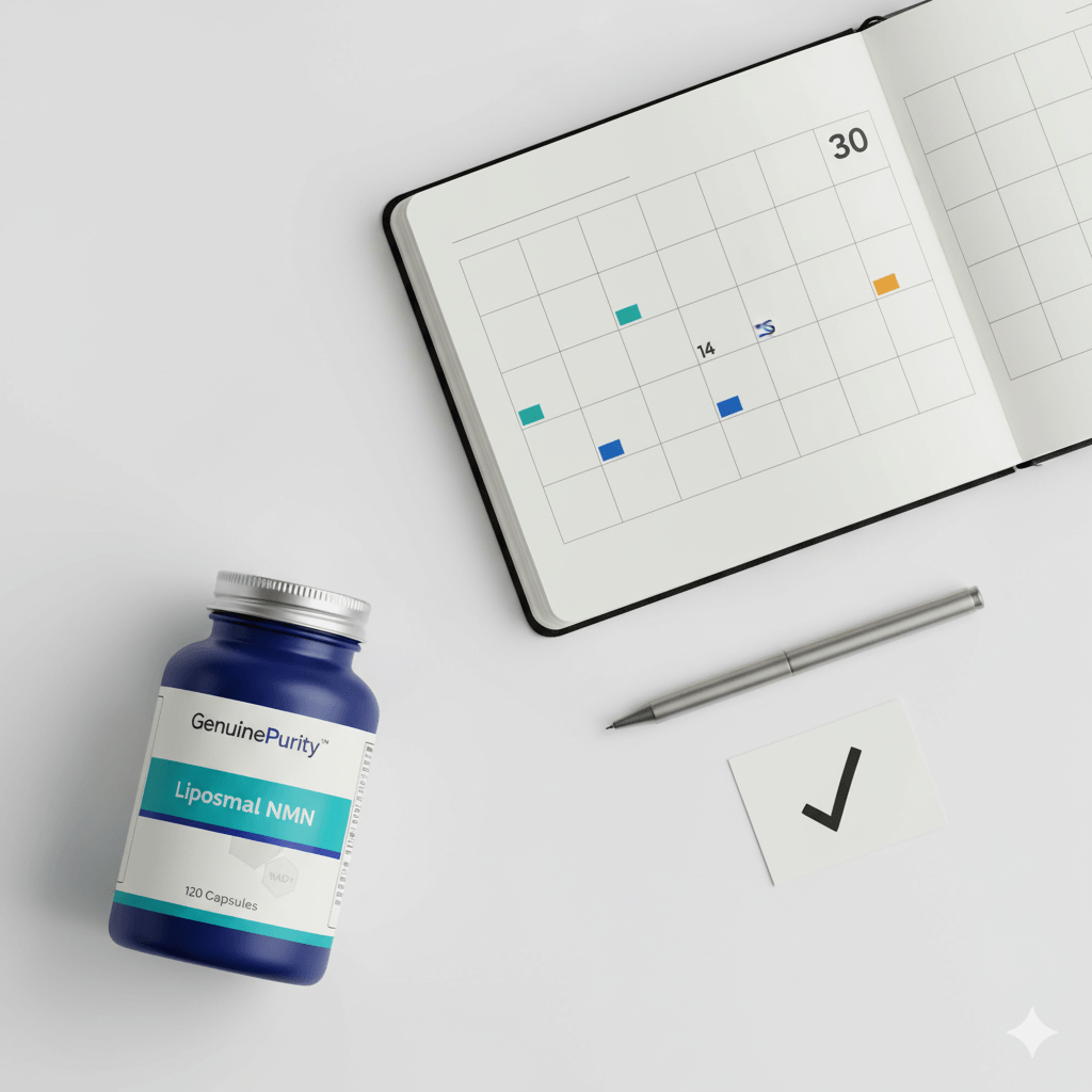 Your NMN 30 Day Plan: An Evidence-Based Guide A visual guide for an nmn 30 day plan, showing a calendar and supplement bottle.