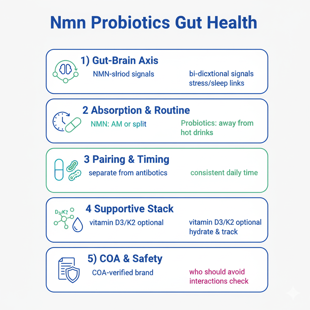 nmn probiotics gut health infographic — timing, dosing, and safety