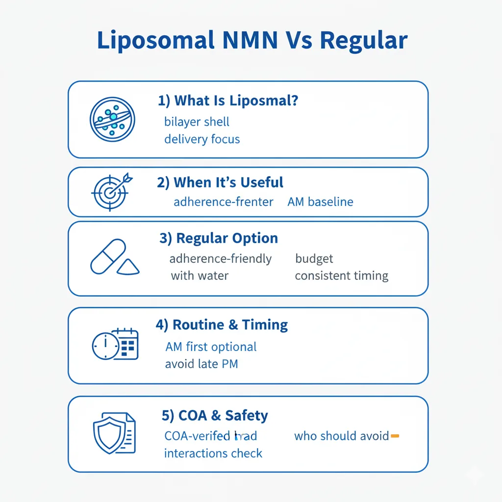 Liposomal NMN vs Regular: Head-to-Head Comparison Infographic comparing liposomal nmn vs regular nmn on absorption, stability, and cellular uptake.