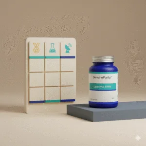 nmn clinical evidence — abstract scoreboard tiers with a GenuinePurity Liposomal NMN bottle (no people)
