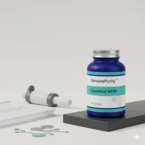 nmn dna repair — neutral lab desk with GenuinePurity Liposomal NMN and symbolic DNA repair props (no people)