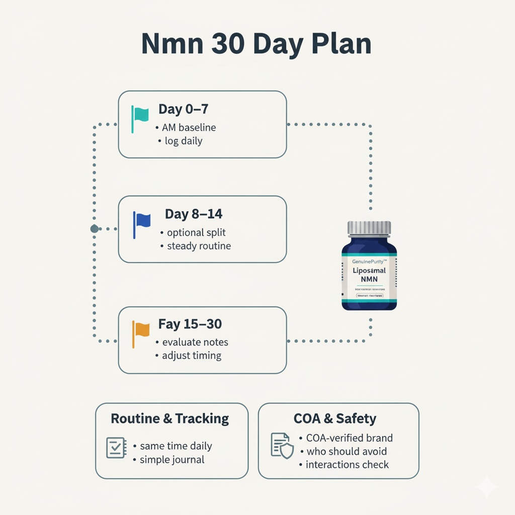 NMN 30 Day Plan: Week-by-Week Guide Infographic detailing the key milestones of an nmn 30 day plan.