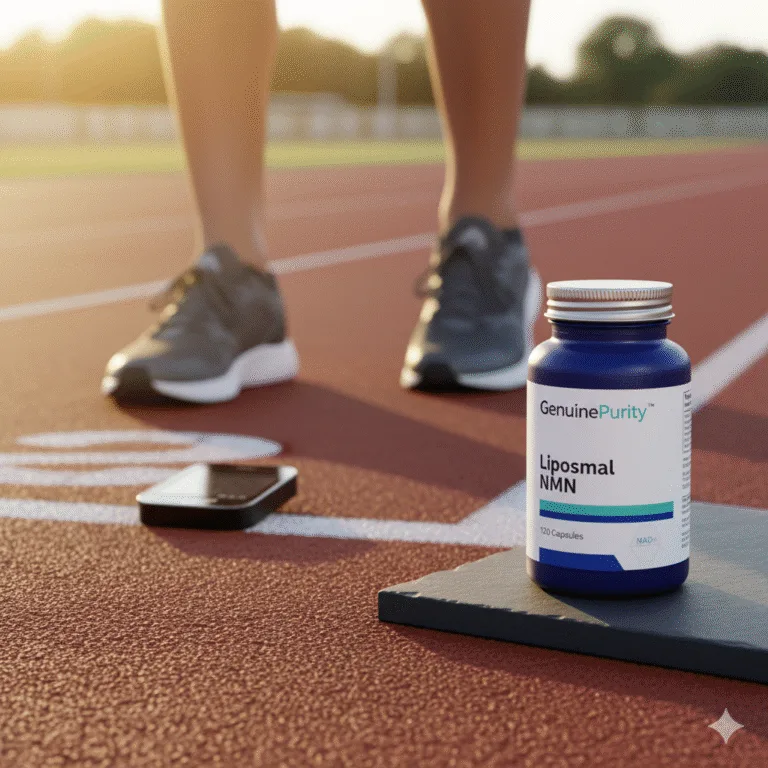 nmn endurance results — track scene with lap timer and GenuinePurity Liposomal NMN bottle (trial hook)