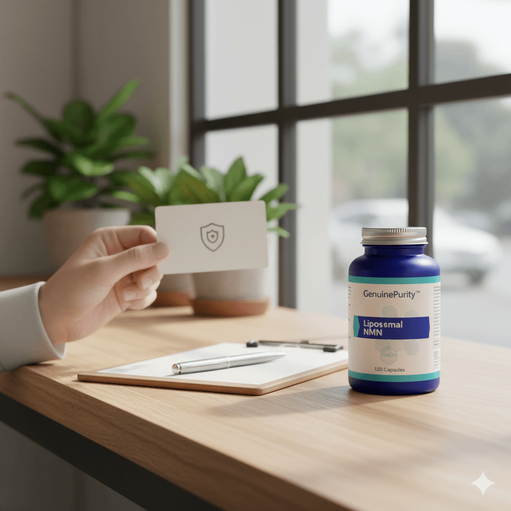 best nmn quality — shopper’s hand checking a COA card beside a GenuinePurity Liposomal NMN bottle on a café counter (no faces)