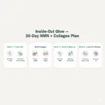 NMN and collagen routine infographic mapping NAD+, mitochondria, vitamin C, and topical peptides