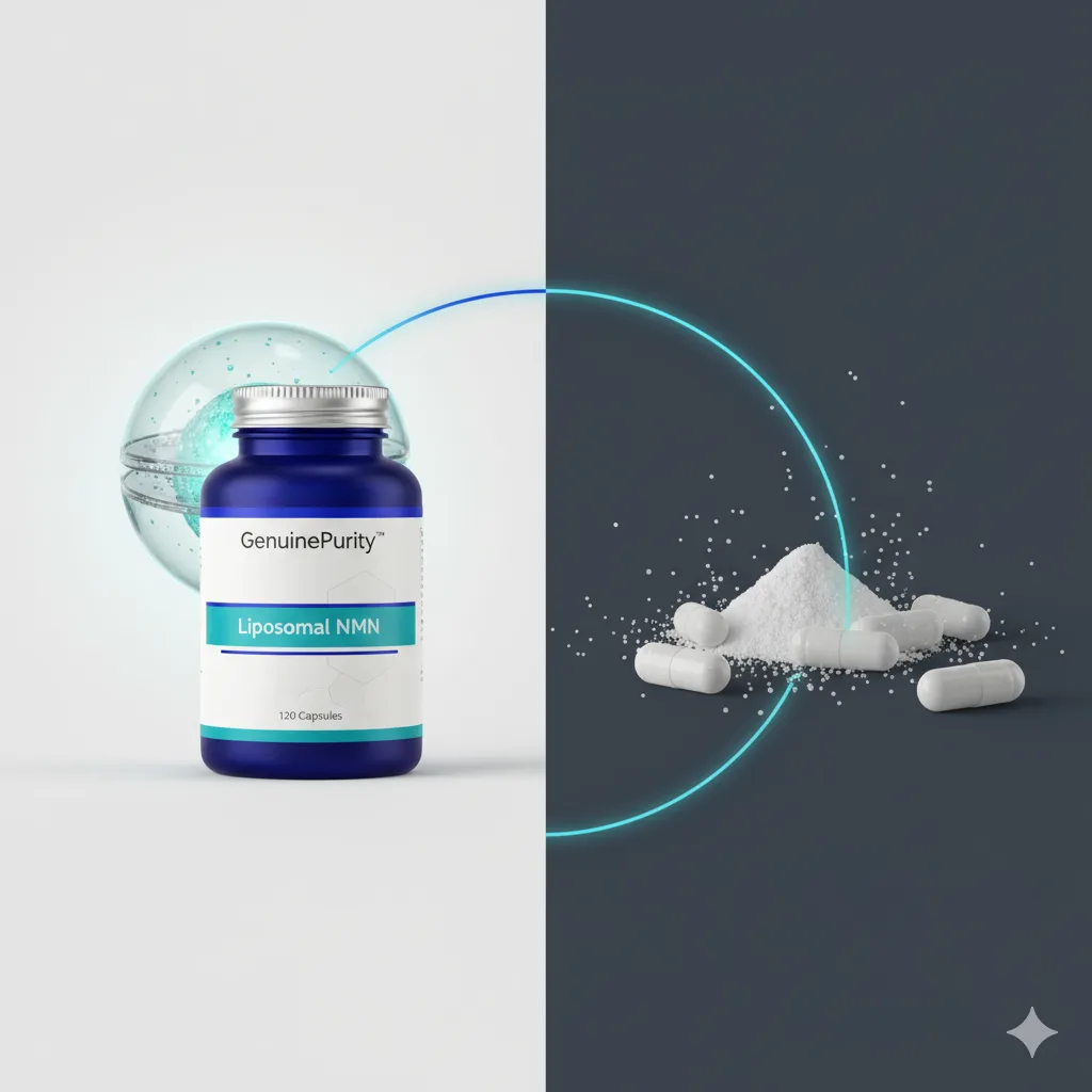 Liposomal NMN vs Regular NMN: A Visual Guide to Bioavailability A visual comparison of liposomal nmn vs regular nmn, showing the protective lipid layer.
