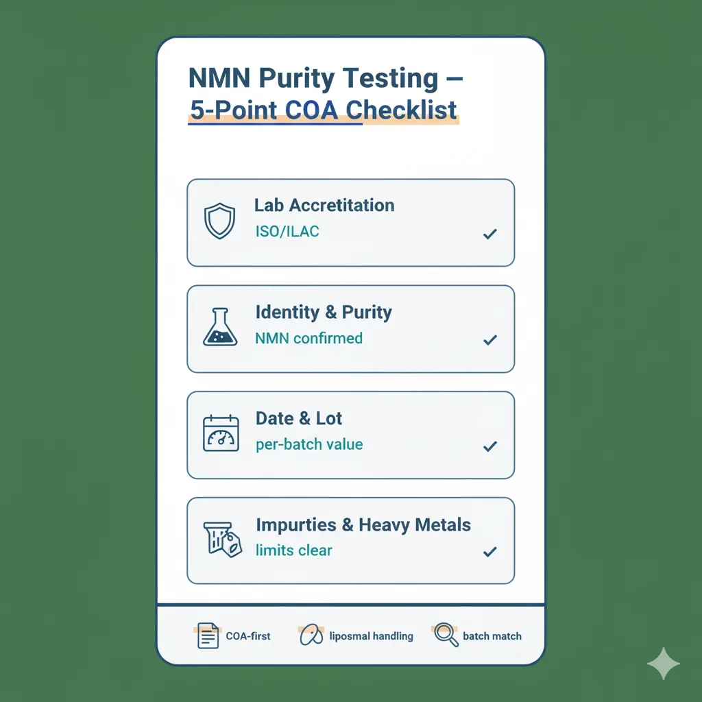 Infographic mapping NMN purity testing checkpoints across a Certificate of Analysis