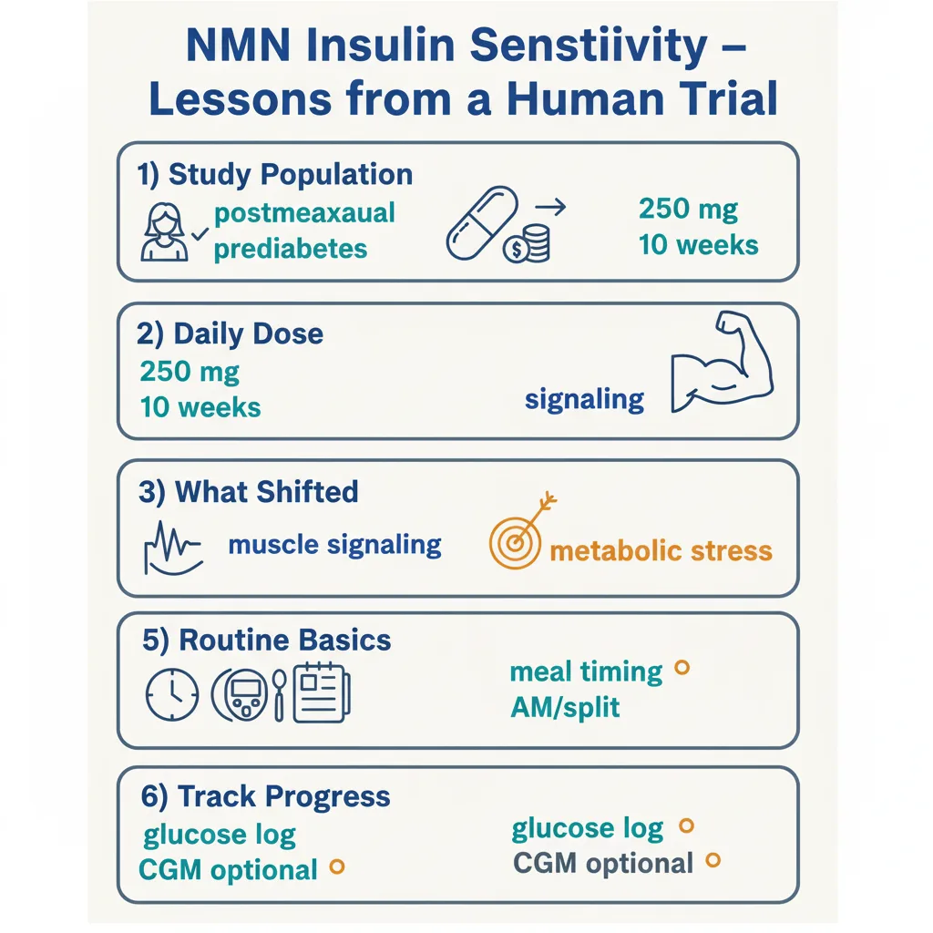 Infographic summarizing NMN insulin sensitivity action plan