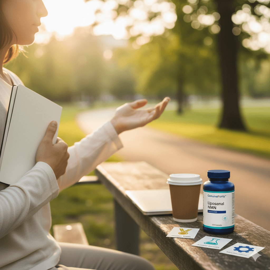 scientific nmn proof — abstract evidence board with human/animal/mechanism icons and a GenuinePurity Liposomal NMN bottle